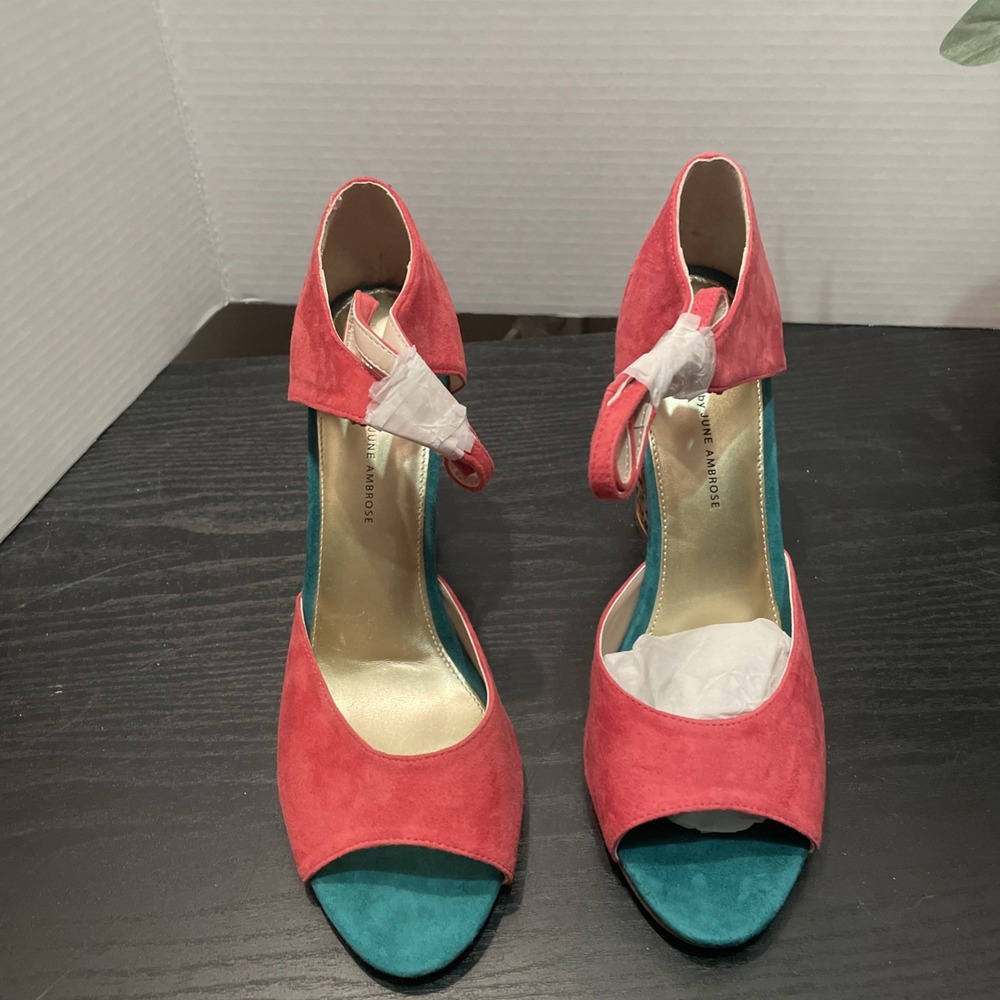 Coral Floral June Ambrose Peep Toe Leather Chunky Flower Heel Pink Blue New Sz 9